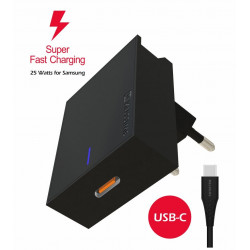 Swissten Premium 25W Samarng arper Fast Charging Travel charger with 1.2m USB-C to USB-C cable Black