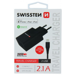 Swissten Smart IC Travel Charger 2x USB 2.1A with Lightning MFI (MD818) Cable 1.2 m Black