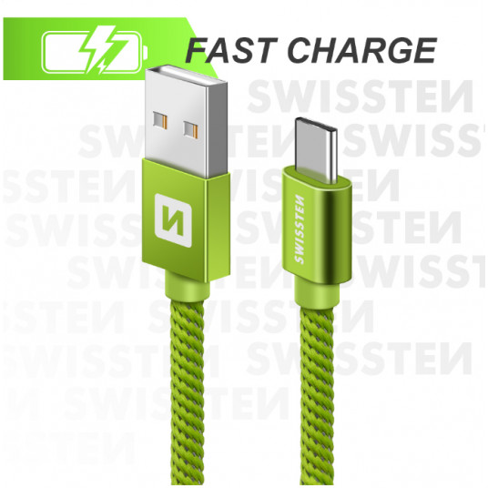 Swissten Textile Universal Quick Charge 3.1 USB-C Data and Charging Cable 2m Green