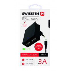 Swissten MFI Premium Apple Certified Travel Charger USB 3А / 15W With Lightning (MD818) Cable 120 cm Black