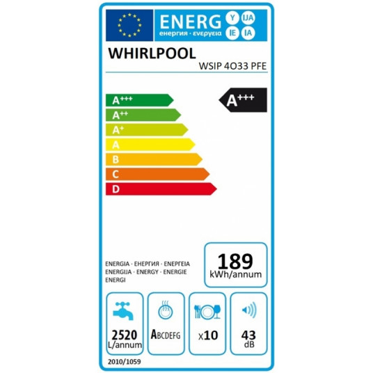 Iebūvējamā trauku mazgājamā mašīna  Whirlpool WSiP 4O33 PFE