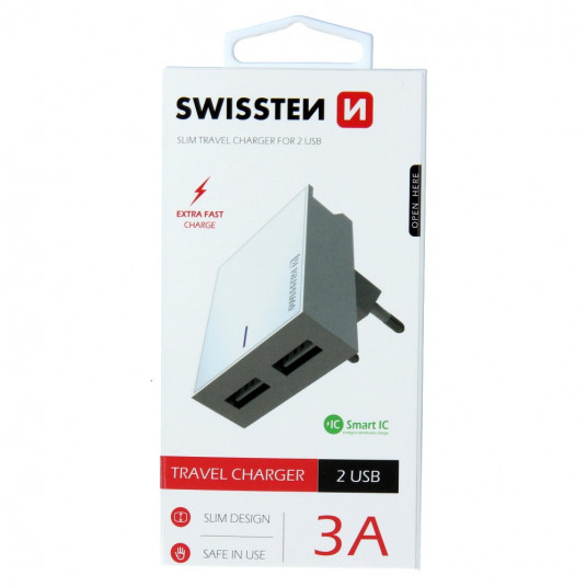 Swissten Travel Charger Smart Ic 2x USB 3A Power balts