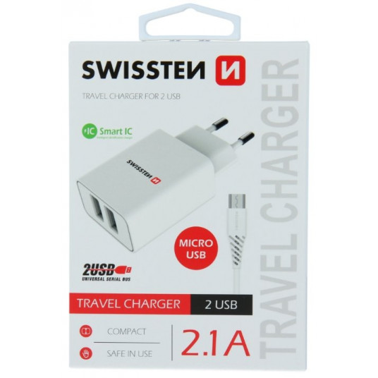 Swissten Travel Smart Ic 2x USB 2.1A + kabel USB - microUSB 1.2m balts