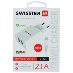 Swissten Travel Smart Ic 2x USB 2.1A + kabel USB - USB-C 1.2m balts