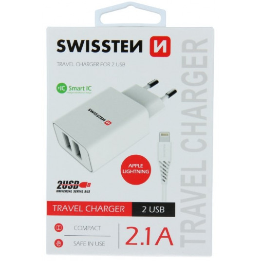 Swissten Travel Smart Ic 2x USB 2.1A + kabel USB - lightning 1.2m balts