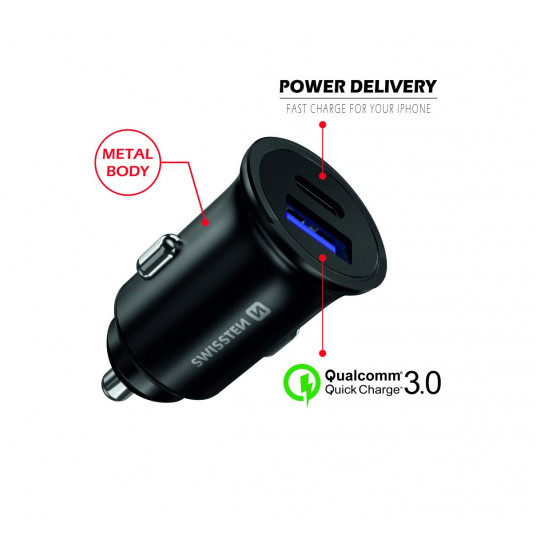 Swissten Metal Car Charger Adapter with Power Delivery USB-C + Quick Charge 3.0 / 36W / Black
