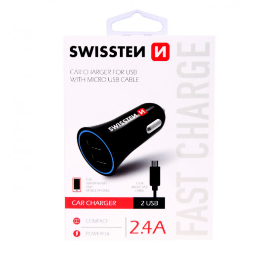 Swissten Premium Car charger 12 / 24V / 1A + 2.1A and Micro USB Cable 150 cm Black