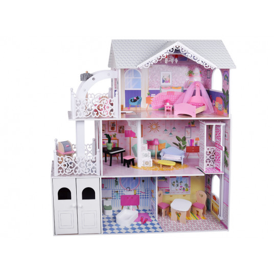Large Openwork Wooden Dollhouse + Elevator Garage Balcony Furniture ZA5388