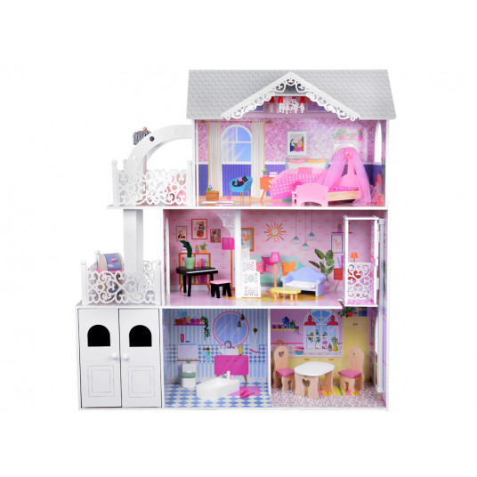 Large Openwork Wooden Dollhouse + Elevator Garage Balcony Furniture ZA5388