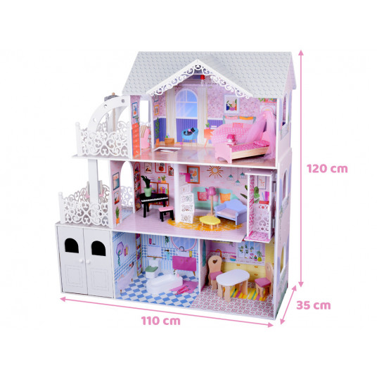 Large Openwork Wooden Dollhouse + Elevator Garage Balcony Furniture ZA5388