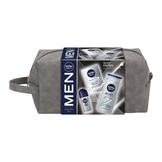 NIVEA_SET Men Silver Control dušas želeja 250ml + losjons pēc skūšanās 100ml + antiperspirants 50ml + kosmētikas maisiņš