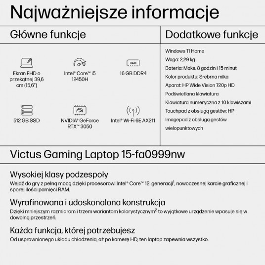 HP Victus 15-fa0989nw - Core i5-12450H | 15,6"-144Hz | 16GB | 512GB | Win11Home | RTX3050 | Sudraba miza