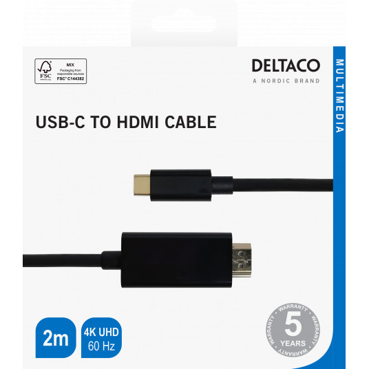 USB-C un HDMI kabelis DELTACO 4K UHD, apzeltīti savienotāji, 2 m, melns / USBC-HDMI1020-K / 00140021