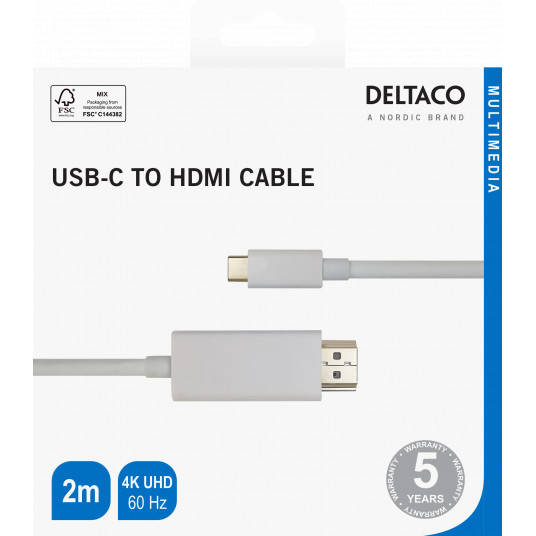 USB-C un HDMI kabelis DELTACO 4K UHD, apzeltīti savienotāji, 2 m, balts / USBC-HDMI1021-K / R00140022