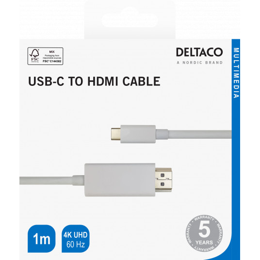USB-C un HDMI kabelis DELTACO 4K UHD, apzeltīti savienotāji, 1 m, balts / R00140020