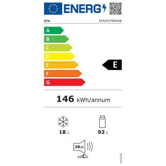 ETA | Ledusskapis | ETA253790020E | E energoefektivitātes klase | Brīvi stāvošs | Skapis | 90 cm augstums | Ledusskapja neto tilpums 92 L | Saldētavas neto tilpums 18 L | 38 dB | Melns
