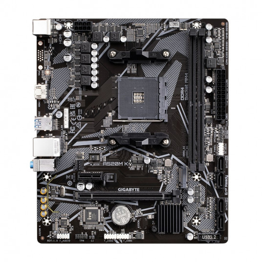 Gigabyte A520M K 1.0 M/B Procesoru saime AMD, Procesora ligzda AM4, DDR4 DIMM, Atmiņas sloti 2, Atbalstītie cietā diska saskarnes SATA, M.2, SATA savienotāju skaits 4, Chipset AMD A520, Micro ATX