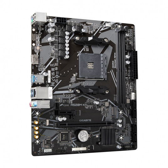 Gigabyte A520M K 1.0 M/B Procesoru saime AMD, Procesora ligzda AM4, DDR4 DIMM, Atmiņas sloti 2, Atbalstītie cietā diska saskarnes SATA, M.2, SATA savienotāju skaits 4, Chipset AMD A520, Micro ATX