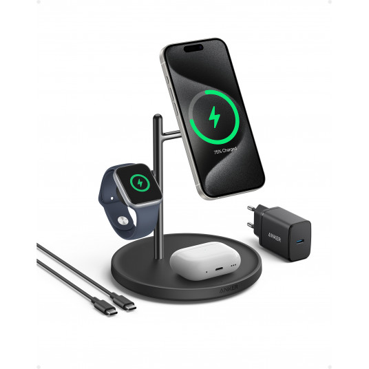 Anker MagGo magnētiskais bezvadu lādētājs (Qi 2.0, 15 W), 3-in-1 statīvs, melns | Anker