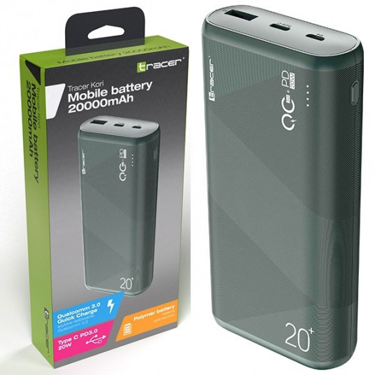 TRACER TRABAT47095 Powerbank Ārējais akumulators 20000 mAh 1x USB-C PD 20W 1x USB QC 3.0 zaļš