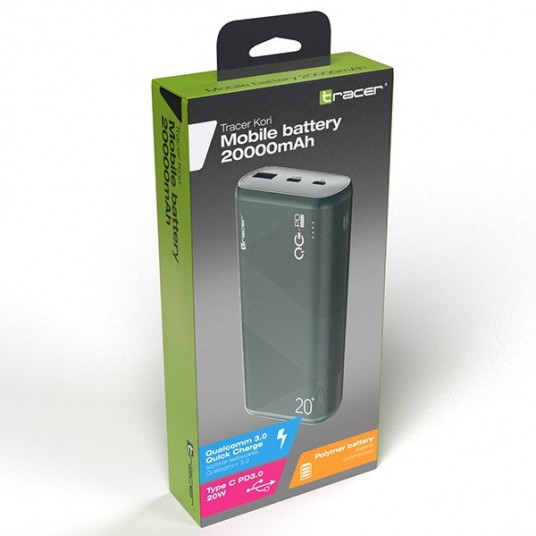 TRACER TRABAT47095 Powerbank Ārējais akumulators 20000 mAh 1x USB-C PD 20W 1x USB QC 3.0 zaļš