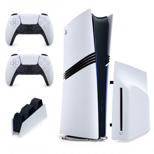 Spēļu konsole Sony Playstation 5 Pro (PS5 PRO) 2TB White + papildus pults Sony DualSense PS5 + Uzlādes stacija Sony DualSense PS5 + PS5 Disc drive