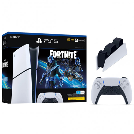 Spēļu konsole Sony Playstation 5 Slim Digital Edition (PS5) 1TB White Fortnite Cobalt Star + papildus pults Sony DualSense PS5 + Uzlādes stacija Sony DualSense PS5
