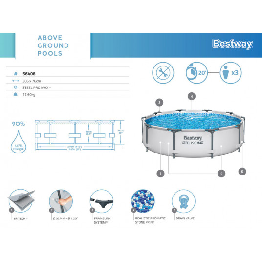 Bestway Steel Pro MAX peldbaseins, 305x76 cm
