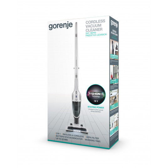 Gorenje Vacuum cleaner SVC180FW Cordless operating, Handstick and Handheld, 18 V, Operating time (max) 50 min, White