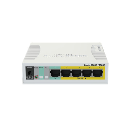Komutators (switch) MikroTik Switch RB260GSP (Taifatech TF470, 96k SRAM, 5x1GbE RJ45, SFP 1x1GB, Layer 2 PoE port 2-5, MikroTik Swosti)