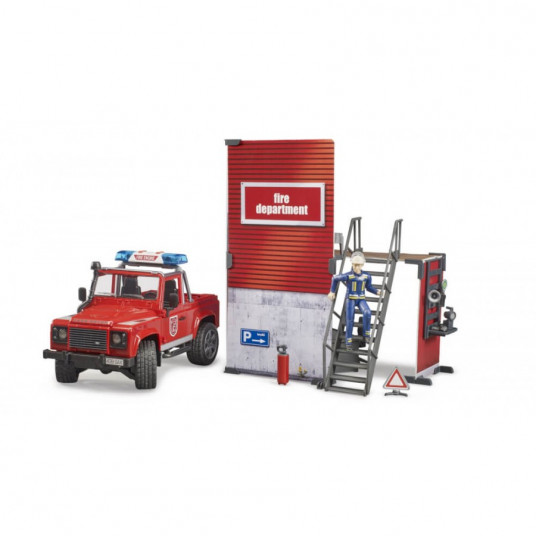 BRUDER fire station with Land Rover Defender and fireman, 62701