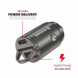 Swissten 30W Nano Metal Car Charger Adapter with 30W PD / SCP / Silver