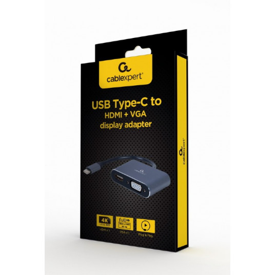 Cablexpert USB Type-C uz HDMI un VGA displeja adapteris A-USB3C-HDMIVGA-01 0,15 m, pelēks, USB Type-C