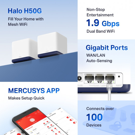 Mercusys AC1900 Whole Home Mesh Wi-Fi System Halo H50G (2-Pack) 802.11ac, 600+1300 Mbit/s, Ethernet LAN (RJ-45) ports 3, Mesh Support Yes, MU-MiMO Yes, Balts