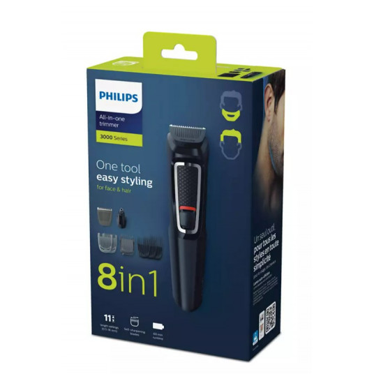 Philips Multigroom series 3000 8-in-1, Face and Hair MG3730/15 8 tools Self-sharpening steel blades Up to 60 min run time Rinseable attachments